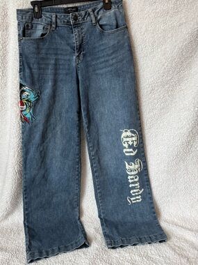 Ed Hardy Brave Eagle Wide Baggy Jean Womens 30 Embroidered Eagle Sk8 Y2K Tattoo